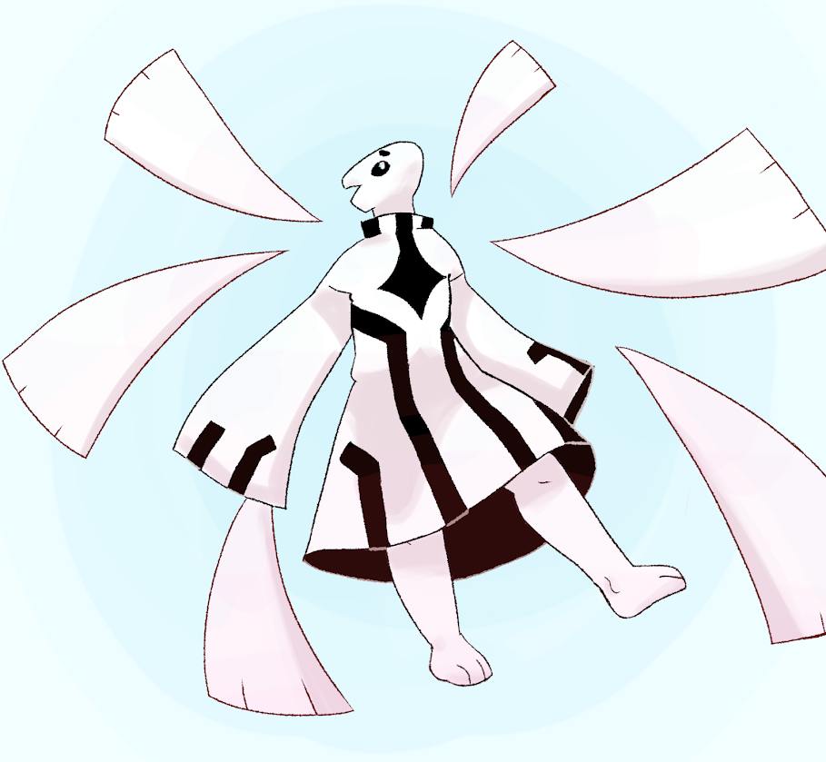 It's Kudzu: a white skinned humanoid creature with a rounded, somewhat bird-like head and blocky hands and feet. His eyes have black scleras with white irises and pupils. In this particular photo, he is wearing a flowy white dress with large black lines detailing parts of it, with long widening sleeves covering his hands. He is floating in a pale blue void with strange wings floating unattached to him. The wings look like wide flat ribbons that come to a point near him. Kudzu is looking determinedly towards some unknown point skewed to the upper right.