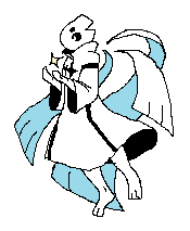 A pixelart image of Kudzu. He is floating in a long white dress with widening long sleeves and a high collar, decorated with precise black lined decal and a black star on his chest. Strands of ribbon-like wings furl around his back. He is cupping a small white star in his hands, looking neutrally into it.